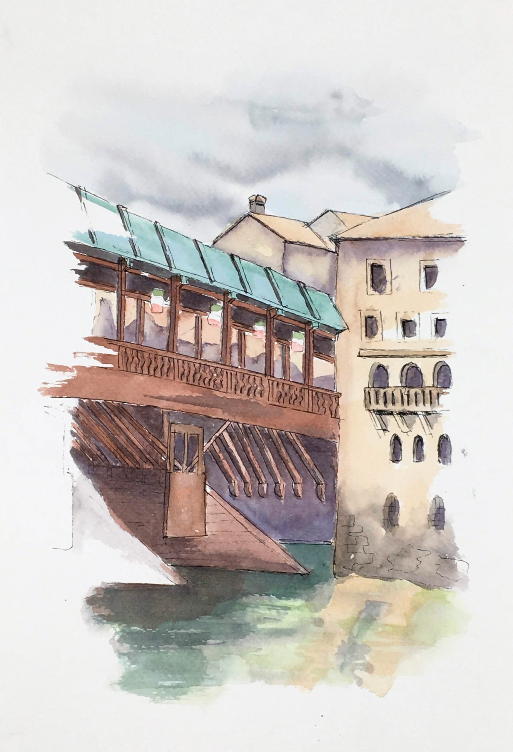 Painting of the Bridge of the Alpines in Bassano del Grappa